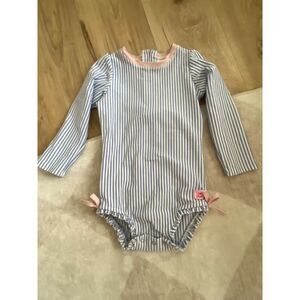 RuffleButt's Seersucker One-Piece Rashguard Swimsuit 3T Pink & Blue